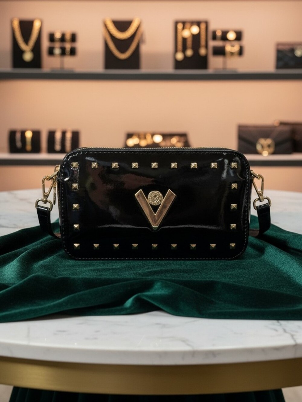Valentino Orlandi Patent Leather Black Camera Bag Crossbody